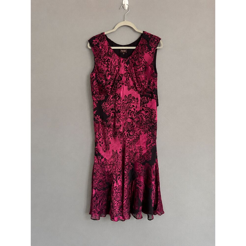 Vintage Phase Eight Silk Blend Flocked Midi Dress UK 16 US 12 Pink Black - Picture 3 of 8